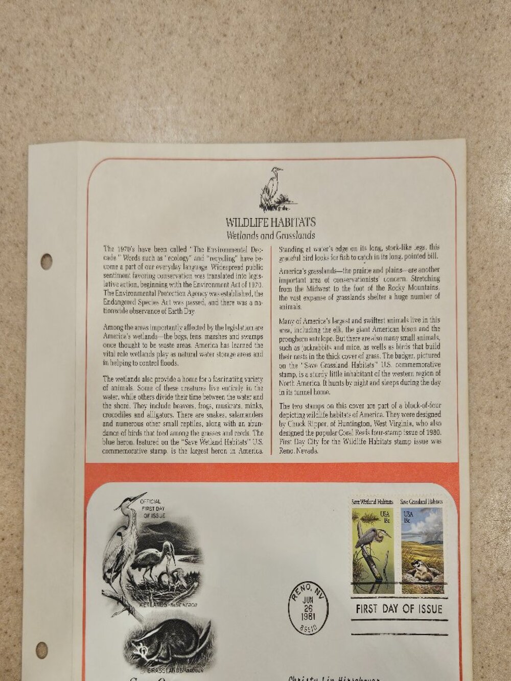 RARE COLLECTIBLE USPS 1ST DAY ISSUE COVER SAVE OUR WILDLIFE HERON BADGER STAMP